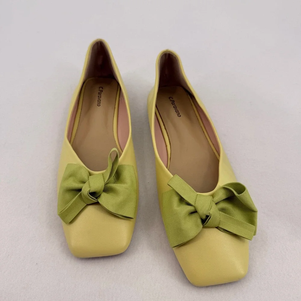 C.Paravano Women Pastel Yellow Square Toe Bow Ballet Flats Size 42 LimeGreen Bow